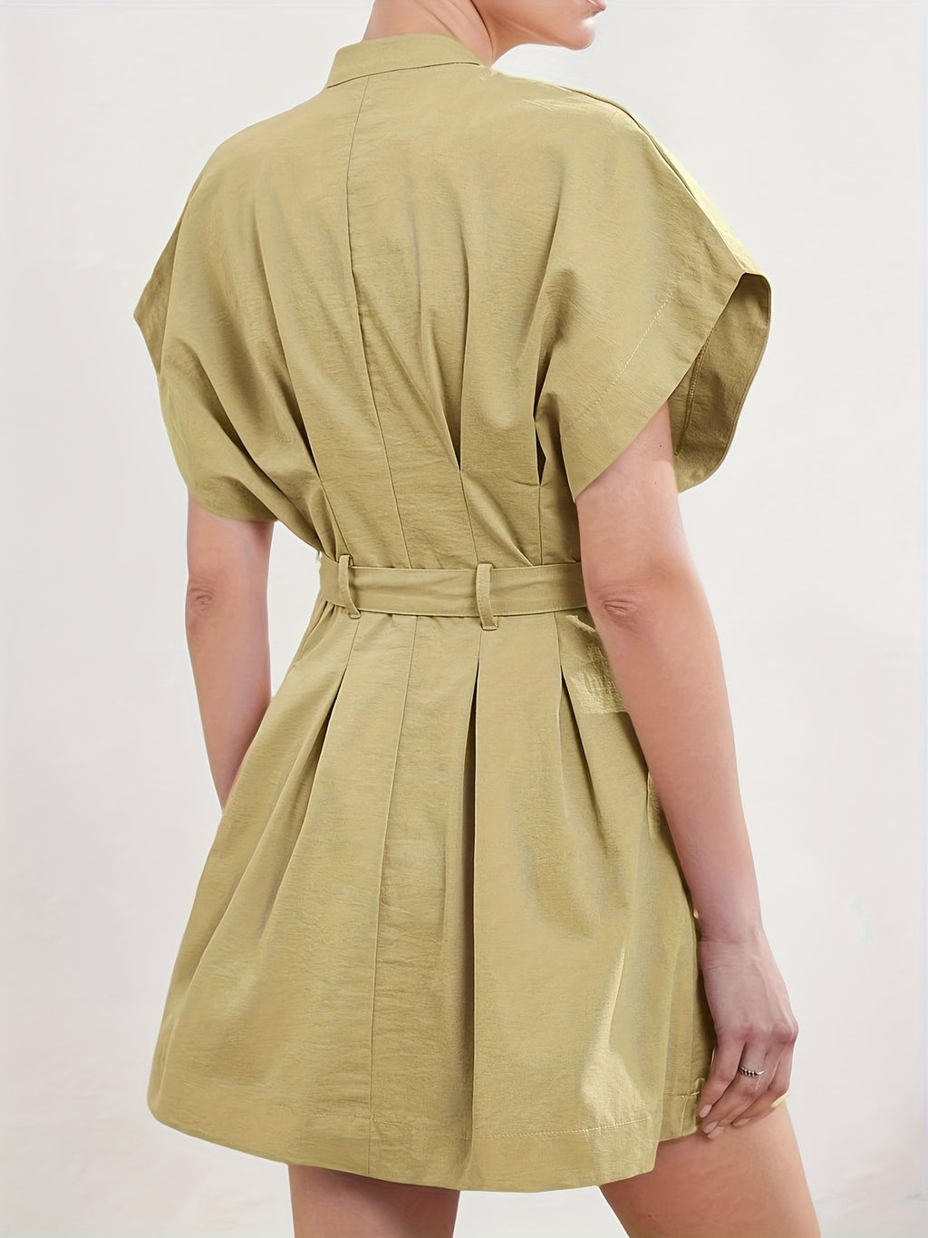 Women'S Elegant V-Neck A-Line Dress with Adjustable Waist Belt - Short Sleeve, X-Line Silhouette, Button Front Closure, Lightweight Summer Dress for Casual & Formal, Casual Summer Dress | Vneck Dress | Belted Waist Dress