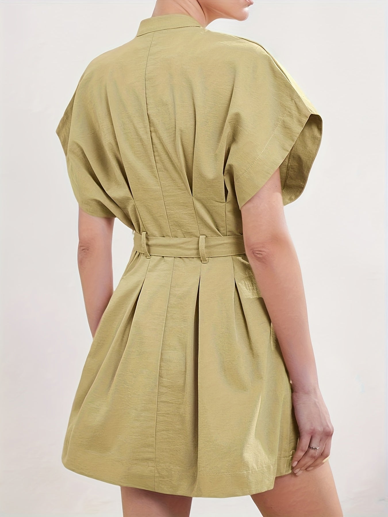 Women'S Elegant V-Neck A-Line Dress with Adjustable Waist Belt - Short Sleeve, X-Line Silhouette, Button Front Closure, Lightweight Summer Dress for Casual & Formal, Casual Summer Dress | Vneck Dress | Belted Waist Dress