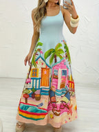 Women'S Vibrant Cartoon Print Maxi Dress - Sleeveless, Light Blue with Beach House & Palm Tree Design, Perfect for Spring/Summer Beach & Pool Parties, Beach Party Dress | Playful Print | Glossy Finish