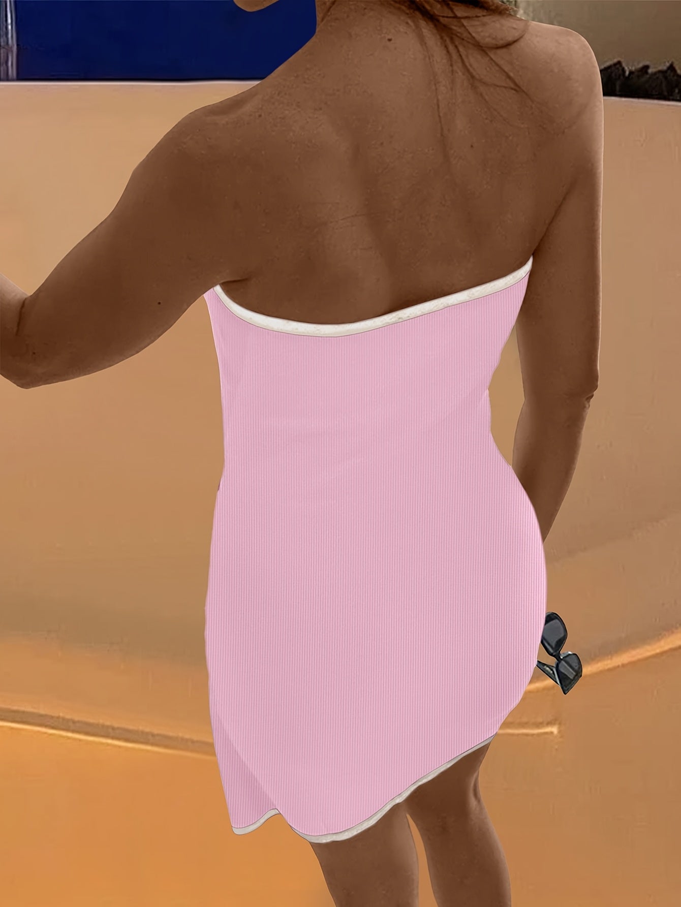 Women's Spring Summer Elegant Contrast Trim Strapless Lace-Up Bodycon Dress - Slim Fit Short Sleeveless Midi Dress with Tiered Hem & Adjustable Waist Tie, Machine Washable, Casual Summer Dresses, Evening Wear, Medium Elasticity