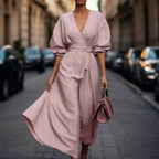 Women'S Elegant Office to Party Dress - Long Sleeve V-Neck Wrap, Formal & Casual Chic Outfits - Fall Winter Workplace to Evening Events - Women'S Professional Attire, Office Dress, Workwear Elegance, Flowy Fabric Gown, Women Dress, Wedding Guest Women Dress