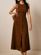 Women's Elegant Sleeveless A-Line Maxi Dress with Round Neck & Waist-Cinching Button Closure - Slim-Fit -Length Brown Dress for, Wedding Guest, Formal Events - Machine Washable Tailored Long Dress