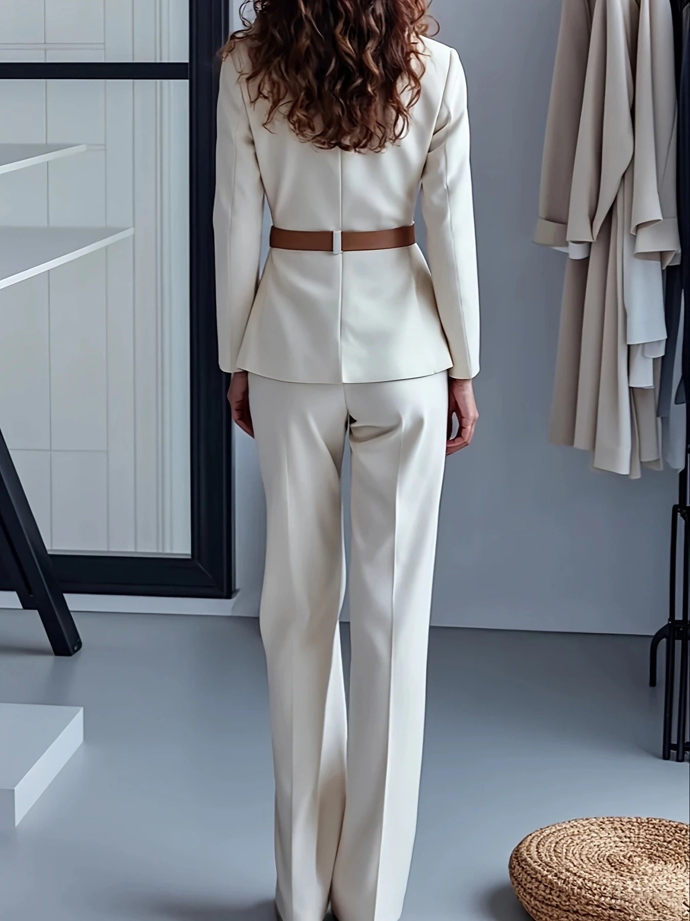 Women'S Elegant White Belted Blazer & Pants Set - Structured Notch Lapel Collar, Long Sleeve, Solid Color, Belted Waist, Fall/Winter Collection, Office & Formal Wear