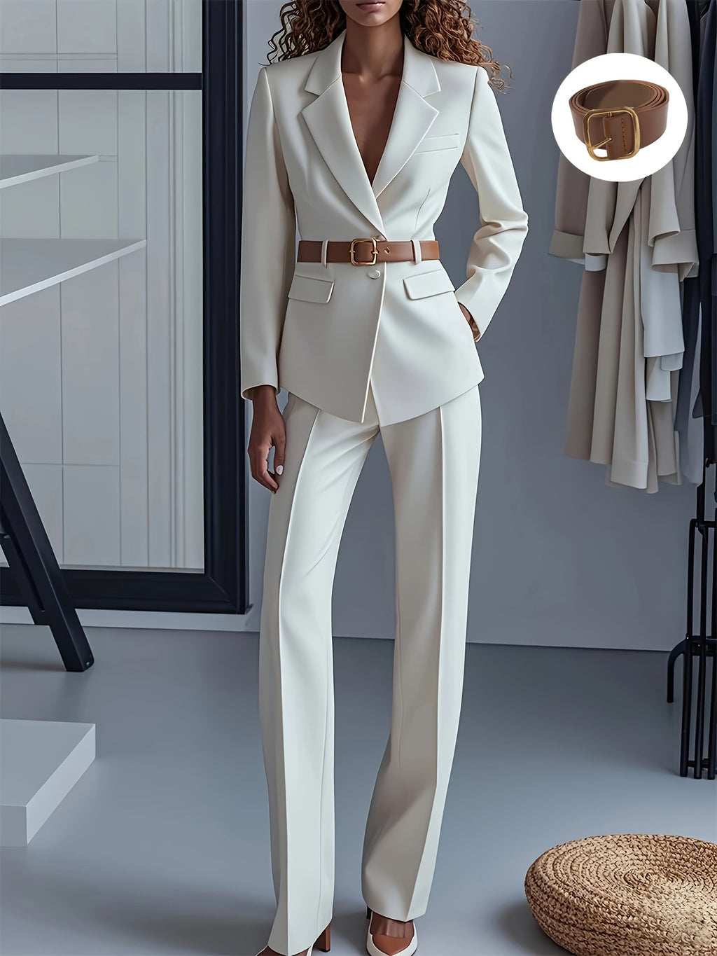 Women'S Elegant White Belted Blazer & Pants Set - Structured Notch Lapel Collar, Long Sleeve, Solid Color, Belted Waist, Fall/Winter Collection, Office & Formal Wear
