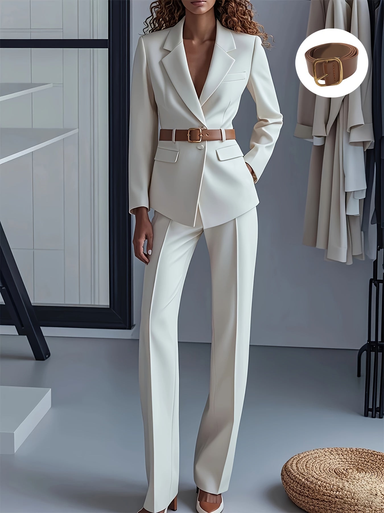 Women'S Elegant White Belted Blazer & Pants Set - Structured Notch Lapel Collar, Long Sleeve, Solid Color, Belted Waist, Fall/Winter Collection, Office & Formal Wear