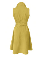 Women's Sleeveless A-Line Dress - Mustard Yellow Lapel Collar with Adjustable Waist Bow Tie & Pockets, Knee-Length Flared Hem, Loose Fit Machine-Washable Spring/Summer Casual to Semi-Formal Dress, Spring Outdoor Attire