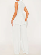 Spring and Summer Women's Casual Elegant Solid Color Lapel Sleeveless Shirt and Pants Set, 2pcs Outfit for Shopping, Travel, or Office Commute