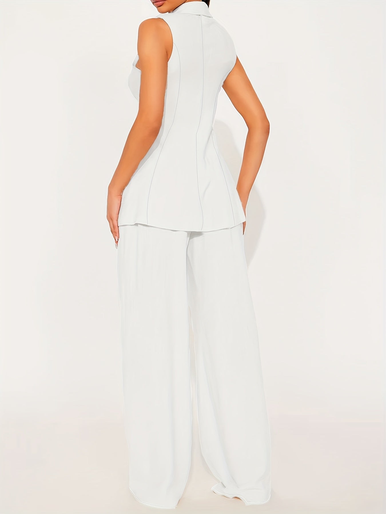 Spring and Summer Women's Casual Elegant Solid Color Lapel Sleeveless Shirt and Pants Set, 2pcs Outfit for Shopping, Travel, or Office Commute