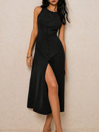 Women's Elegant Sleeveless A-Line Maxi Dress with Round Neck & Waist-Cinching Button Closure - Slim-Fit -Length Brown Dress for, Wedding Guest, Formal Events - Machine Washable Tailored Long Dress