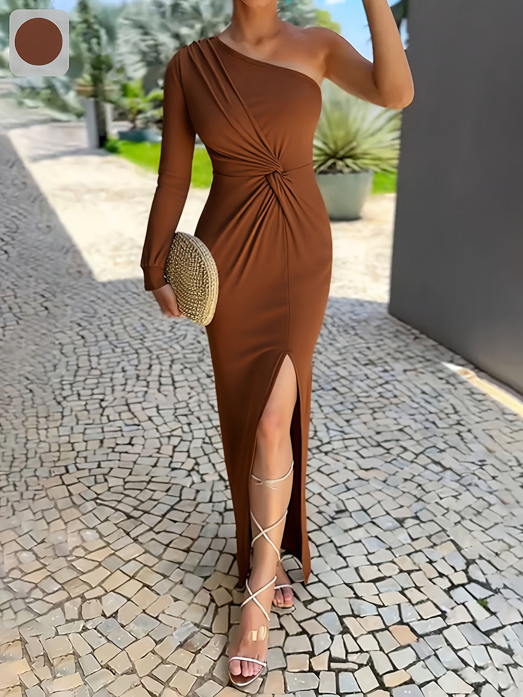 Women'S Elegant Asymmetrical One-Shoulder Long Evening Gown with High Slit & Waist Belt - Sexy Formal Party Dress in Solid Brown/Navy/Red/, All-season Bodycon Fit For Weddings, Galas, Proms - Machine Washable Formal Attire, Wedding Guest Outfit