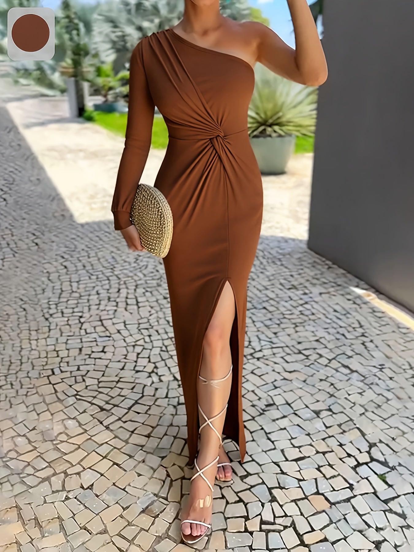 Women'S Elegant Asymmetrical One-Shoulder Long Evening Gown with High Slit & Waist Belt - Sexy Formal Party Dress in Solid Brown/Navy/Red/, All-season Bodycon Fit For Weddings, Galas, Proms - Machine Washable Formal Attire, Wedding Guest Outfit