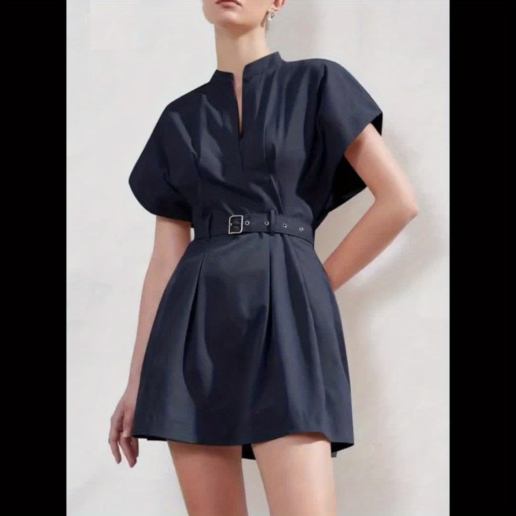 Women'S Elegant V-Neck A-Line Dress with Adjustable Waist Belt - Short Sleeve, X-Line Silhouette, Button Front Closure, Lightweight Summer Dress for Casual & Formal, Casual Summer Dress | Vneck Dress | Belted Waist Dress