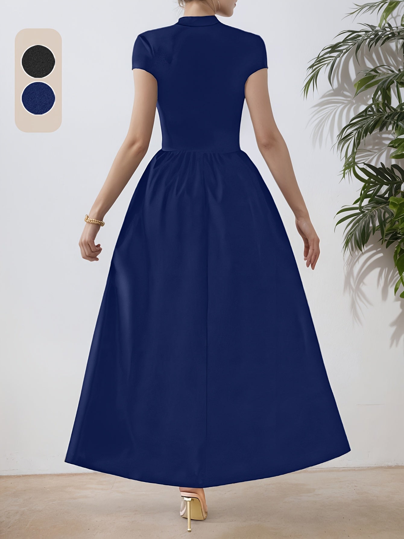 Elegant Black Maxi Dress for Women - Slim Fit, Short Sleeve, Stand Collar, Solid Color with Contrast Detailing, Flared Hem, Perfect for Spring/Summer, Chic and Stylish, Elegant Event Wear | Chic Style Dress | Polyester Fabric