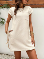 Women'S Chic Beige Midi Dress with Textured Fabric - Casual Drop Shoulder Design, Pockets, and a Round Neckline - Perfect for Spring and Summer Outfits, Vacation Style, Loose Fit for All-Day Comfort