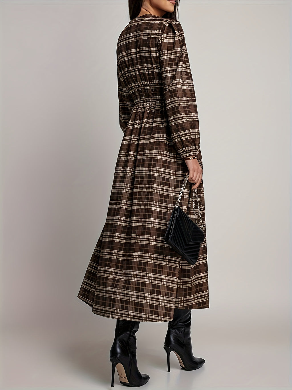 Elegant V-Neck Plaid Long Dress with Button Design | Merlot Color, Waist-Cinched, Split Hem, Suitable for Daily Outings, Photo Sessions, Travel, and Office Casual Wear