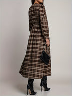 Elegant V-Neck Plaid Long Dress with Button Design | Merlot Color, Waist-Cinched, Split Hem, Suitable for Daily Outings, Photo Sessions, Travel, and Office Casual Wear