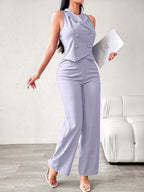 Women'S Casual Elegant Solid Color Two-Piece Suit - Sleeveless Blouse with Double-Breasted Placket & Wide-Leg Pants, Perfect for Office, Commute, and Social Gatherings, Office Attire|Sleek Fit|Double Breasted Blouse
