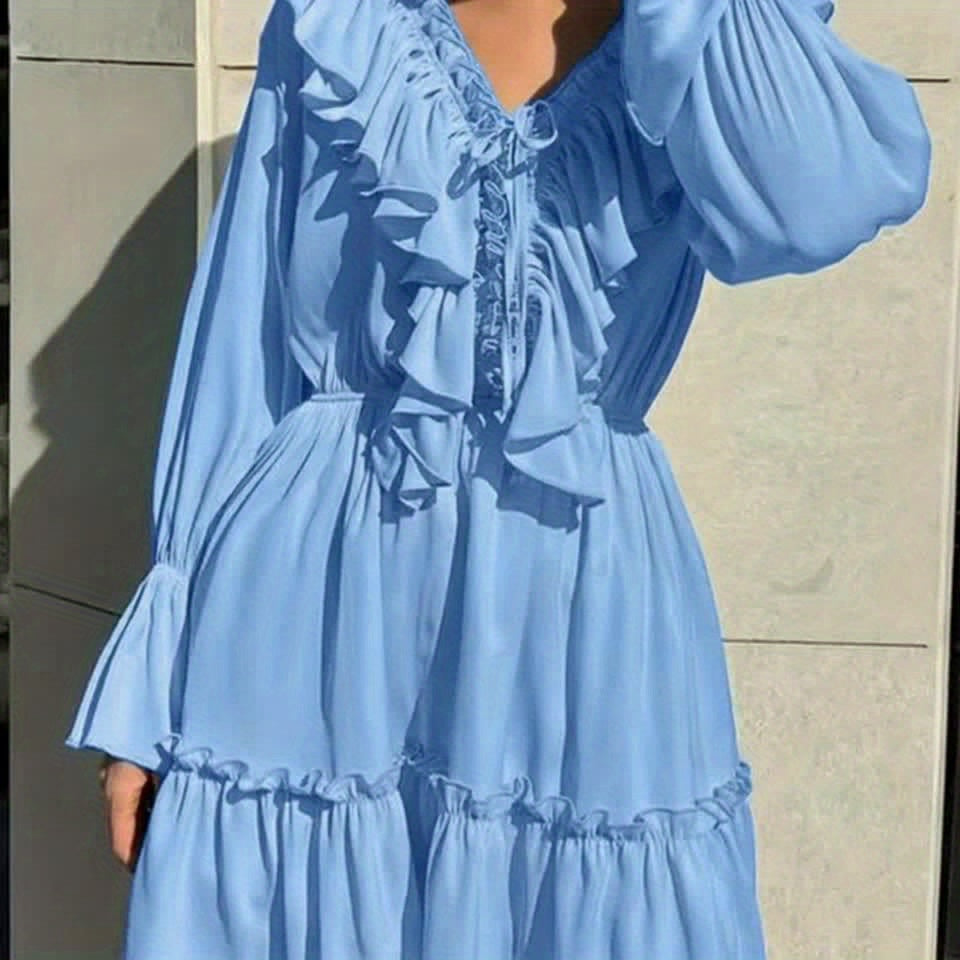 Elegant Ruffle Trim Midi Dress for Women - Tiered Hem Long Sleeve Solid Color Dress, Chic Fall Winter Office to Evening Dress