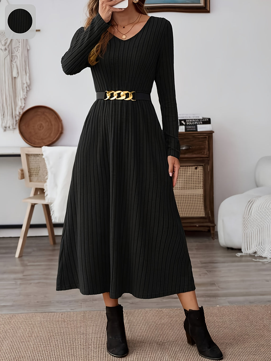 JW Autumn/Winter Elegant Commuter V-Neck Long Sleeve Waist-Cinching Pocket A-Line Striped Solid Color Midi Dress