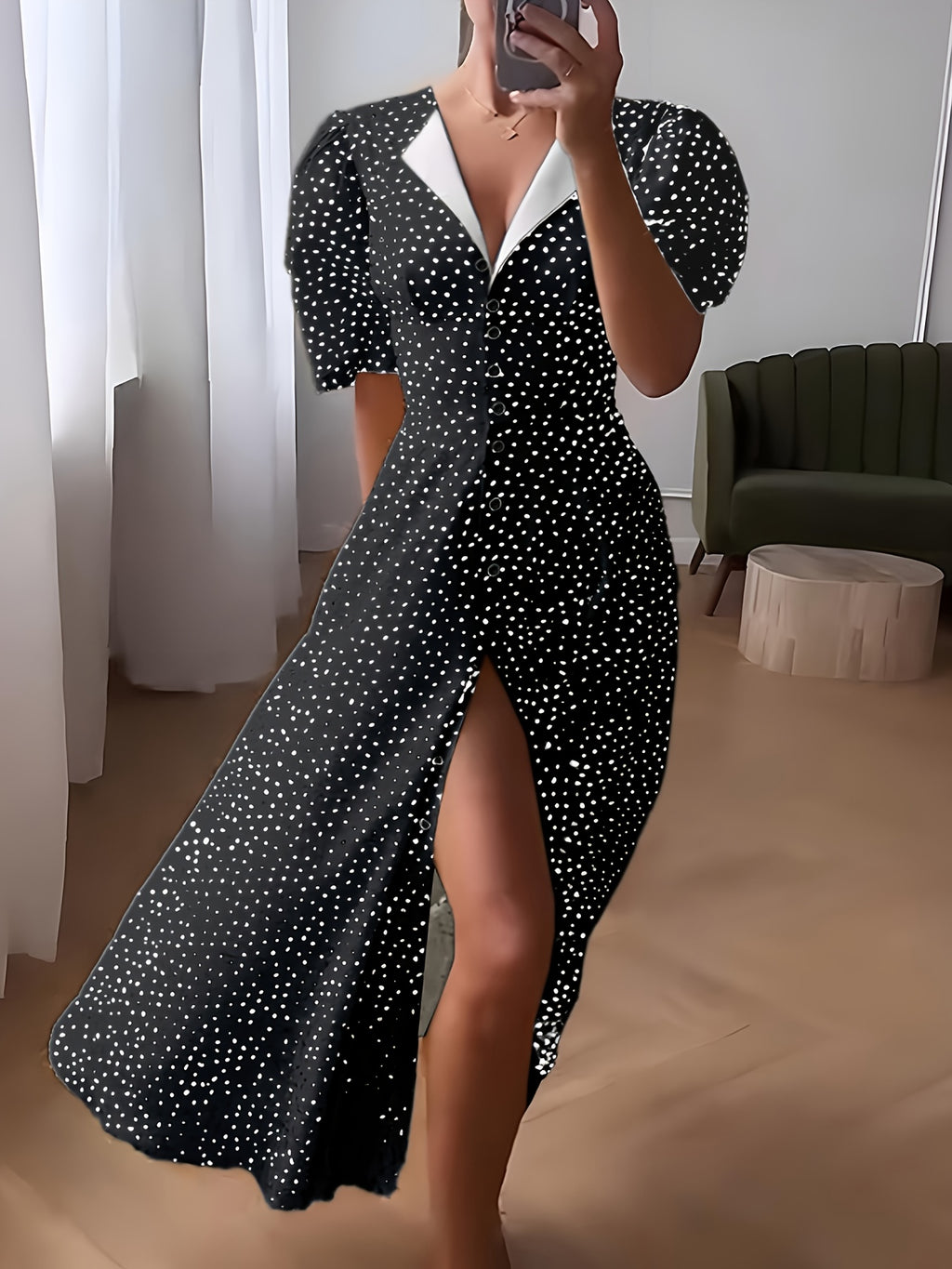 French Chic Polka Dot Midi Dress for Women - Elegant Puff Sleeve V-Neck Partial Button Tiered Dress, Fall Winter Swing Dress with Belt