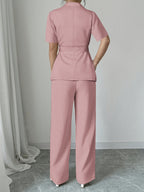 2pcs Set Women's Casual Blazer & Pants - Solid Color, Lapel Collar, Short Sleeve, Smooth Polyester Fabric - Spring/Summer Outfits | Belted Blazer | Loose-Fit Pants