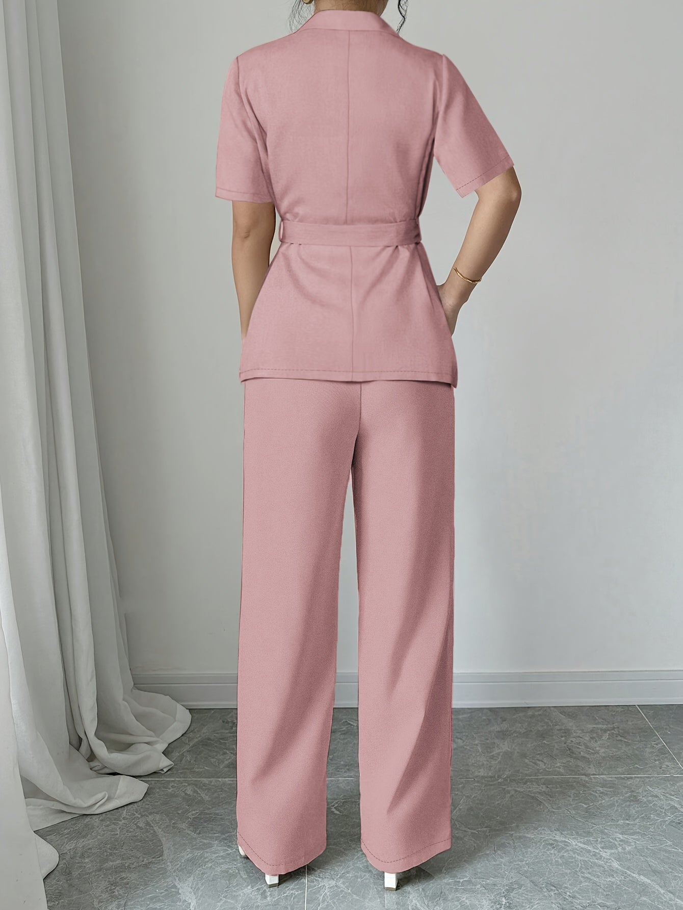 2pcs Set Women's Casual Blazer & Pants - Solid Color, Lapel Collar, Short Sleeve, Smooth Polyester Fabric - Spring/Summer Outfits | Belted Blazer | Loose-Fit Pants