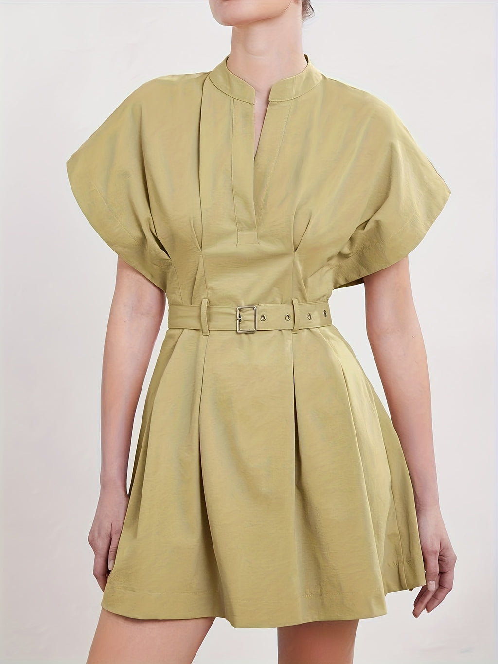 Women'S Elegant V-Neck A-Line Dress with Adjustable Waist Belt - Short Sleeve, X-Line Silhouette, Button Front Closure, Lightweight Summer Dress for Casual & Formal, Casual Summer Dress | Vneck Dress | Belted Waist Dress