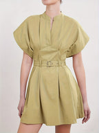 Women'S Elegant V-Neck A-Line Dress with Adjustable Waist Belt - Short Sleeve, X-Line Silhouette, Button Front Closure, Lightweight Summer Dress for Casual & Formal, Casual Summer Dress | Vneck Dress | Belted Waist Dress