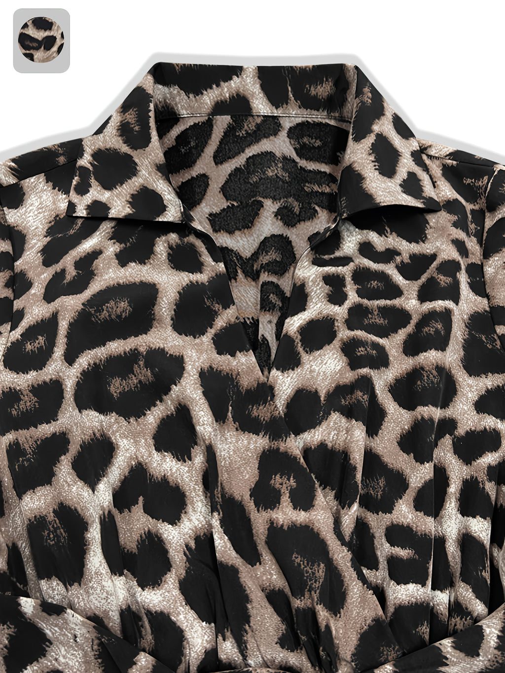 Elegant leopard print long-sleeve dress for women with pockets, featuring a cross V-neck and high collar, perfect for autumn and winter.