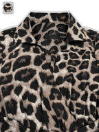 Elegant leopard print long-sleeve dress for women with pockets, featuring a cross V-neck and high collar, perfect for autumn and winter.